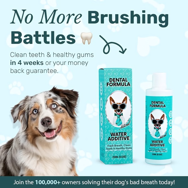 This ad creative targets pet owners by identifying the friction of manual tooth brushing and providing a frictionless water additive solution.